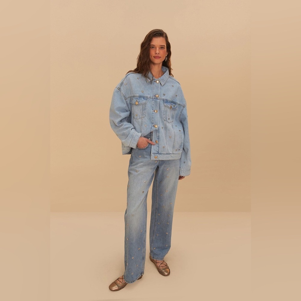 Farm Rio: Denim Embroidered Bows Pants - Picture 4 of 10